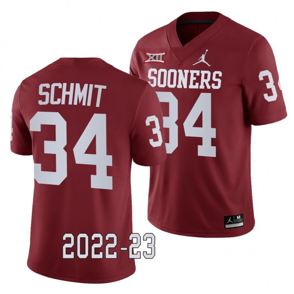 Oklahoma Sooners Zach Schmit College Football Jersey #34 Crimson 2022-23 Game Uniform