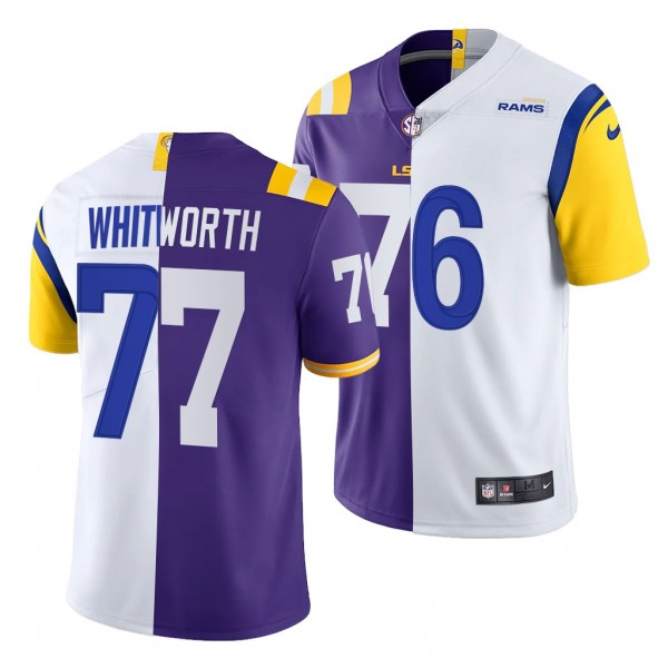 Andrew Whitworth Super Bowl LVI Champions LSU Tigers X Rams #77 Purple White Dual Teams Split Jersey