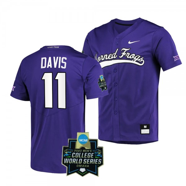 TCU Horned Frogs Austin Davis 2023 College World Series Purple #11 Full-Button Jersey NCAA Baseball