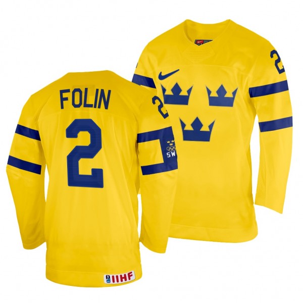 Sweden Hockey Christian Folin #2 Yellow Home Jersey 2022 IIHF World Championship