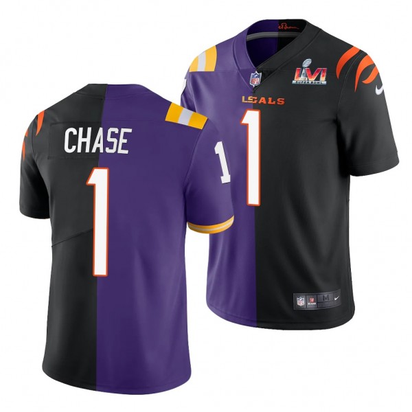 Cincinnati Bengals Ja'Marr Chase Super Bowl LVI Purple Black NFL Draft Split Jersey
