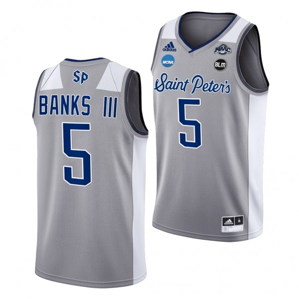 Daryl Banks III Saint Peter's Peacocks 2022 NCAA March Madness #5 Jersey Grey