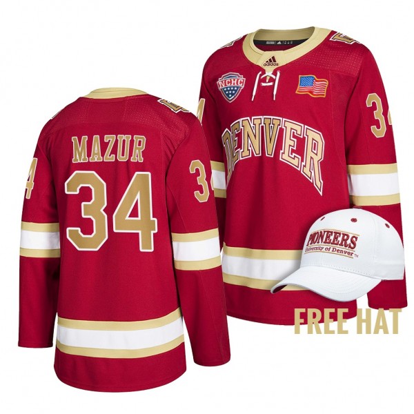 Carter Mazur Denver Pioneers 34 Crimson College Hockey Jersey 2022 NCHC