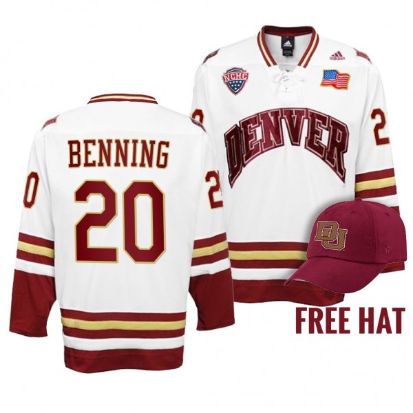 Denver Pioneers 20 Mike Benning White College Hockey Free Hat Jersey 2022