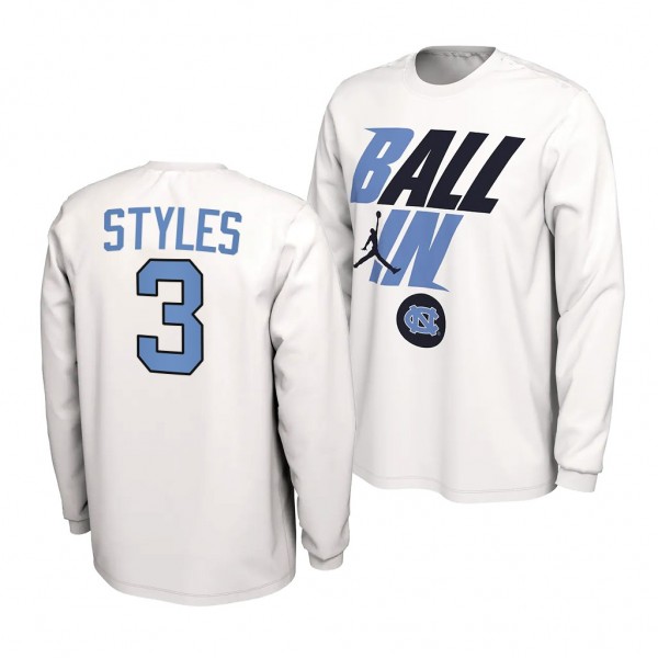 2022 NCAA March Madness UNC Carolina Basketball Dontrez Styles Ball In Bench T-Shirt - White