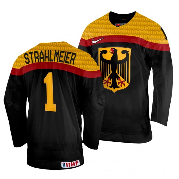 Germany Hockey Dustin Strahlmeier #1 Black Away Je...