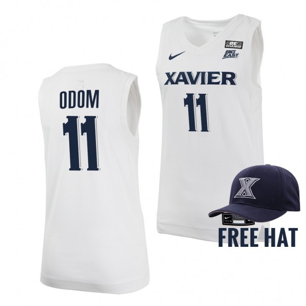 Xavier Musketeers Dwon Odom #11 White College Basketball uniform 2021-22 Free Hat Jersey