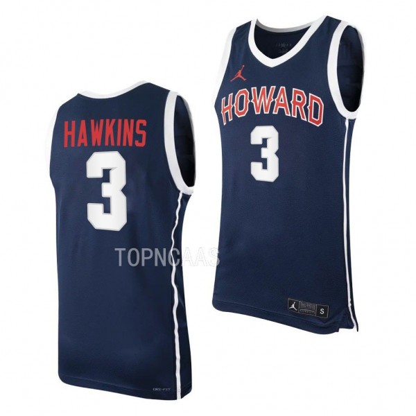 Howard Bison Elijah Hawkins Navy #3 Jersey College Basketball