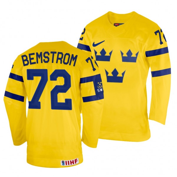 Sweden Hockey Emil Bemstrom #72 Yellow Home Jersey...