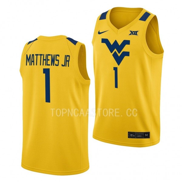 West Virginia Mountaineers Emmitt Matthews Jr. Gold #1 Jersey 2022-23 Alternate Basketball