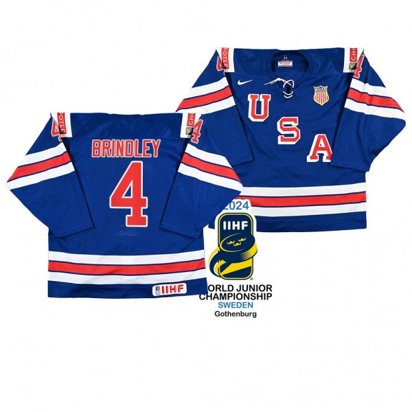 Gavin Brindley #4 USA Hockey 2024 IIHF World Junior Champions Jersey Blue