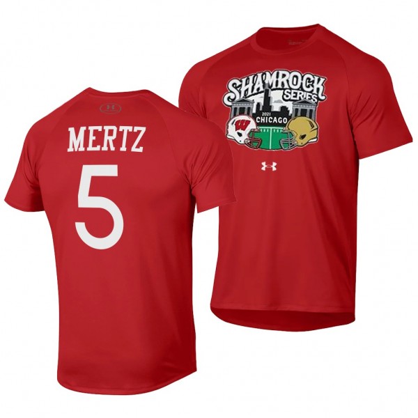 Wisconsin Badgers Graham Mertz 2021 Shamrock Series 5 Red Chicago Game T-Shirt