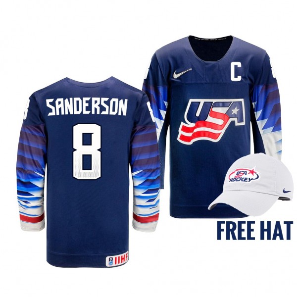 USA Hockey Jake Sanderson Blue 2022 IIHF World Jun...