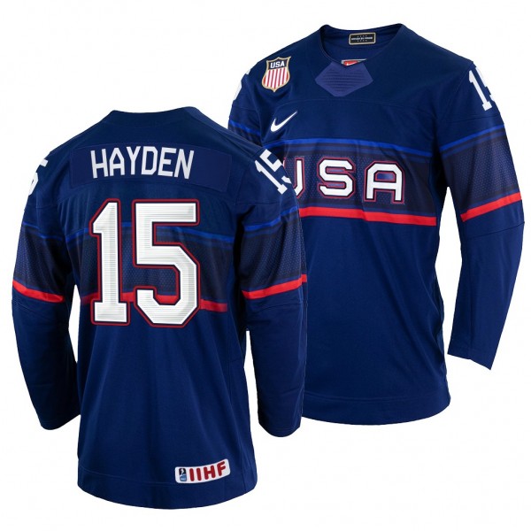 USA Hockey John Hayden #15 Navy Away Jersey 2022 I...