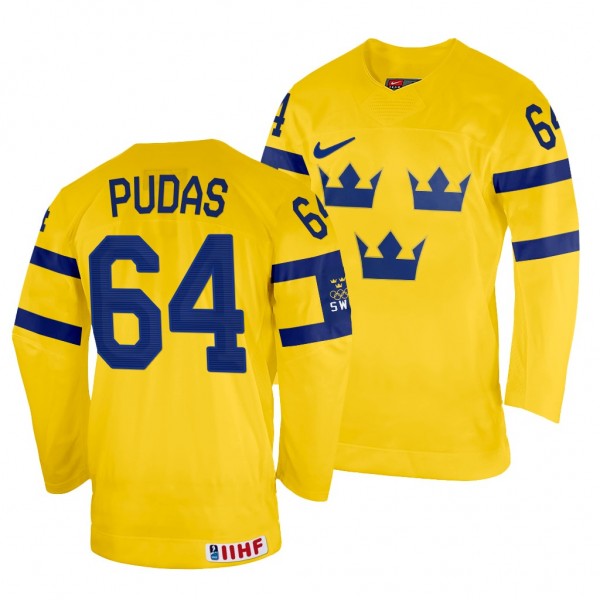 Sweden Hockey Jonathan Pudas #64 Yellow Home Jerse...