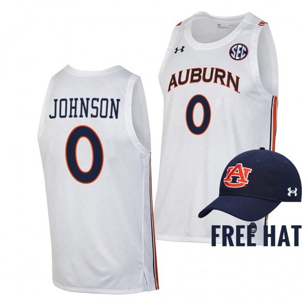 Auburn Tigers K.D. Johnson #0 White Free Hat Jersey 2021-22 College Basketball Shirt