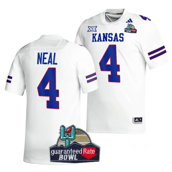 Kansas Jayhawks 2023 Guaranteed Rate Bowl Champs Devin Neal #4 White Men's Football Jersey
