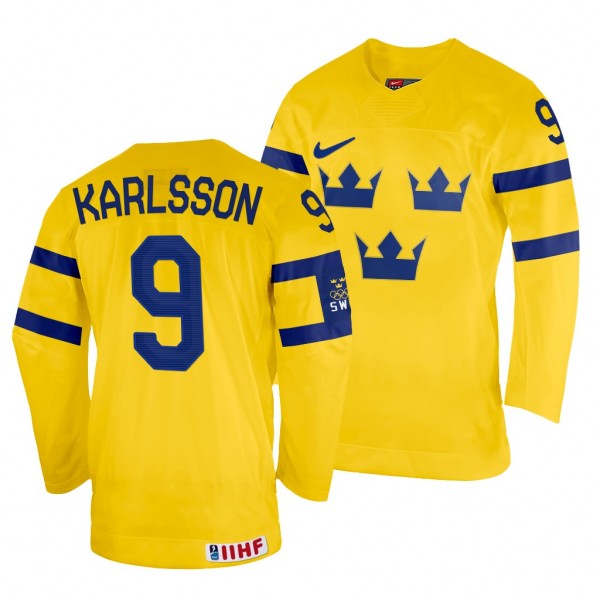 Sweden Hockey Linus Karlsson #9 Yellow Home Jersey...