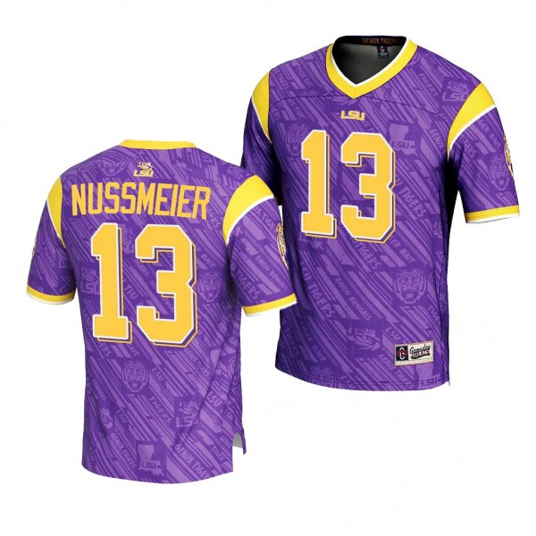 LSU Tigers Garrett Nussmeier Highlight Print Jersey #13 Purple Football Fashion Uniform