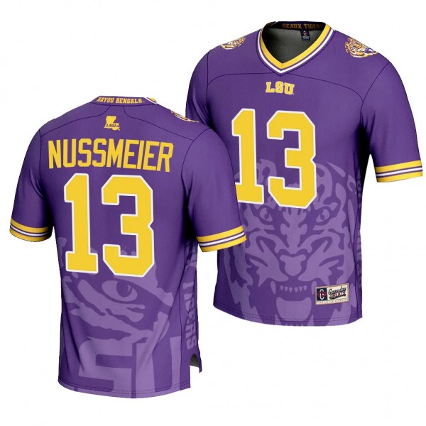 Garrett Nussmeier LSU Tigers Icon Print #13 Jersey Men's Purple Football Fashion Uniform