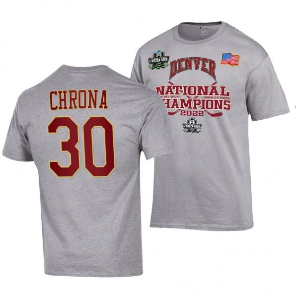 Denver Pioneers 2022 NCAA Men's Ice Hockey National Champions Magnus Chrona Gray Locker Room T-Shirt