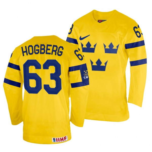 Sweden Hockey Marcus Hogberg #63 Yellow Home Jerse...
