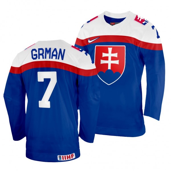Slovakia Hockey Mario Grman #7 Blue Away Jersey 20...