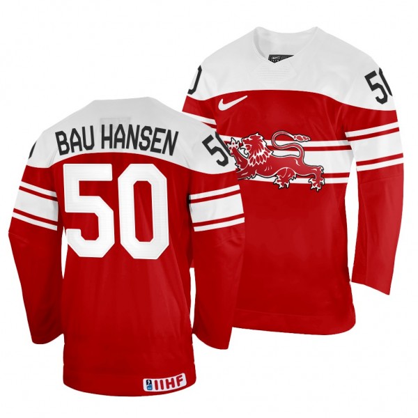 Denmark Hockey Mathias Bau Hansen #50 Red Away Jer...