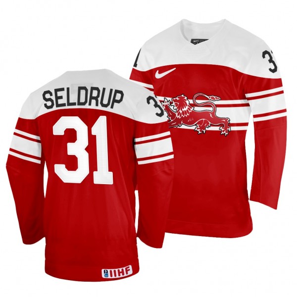 Denmark Hockey Mathias Seldrup #31 Red Away Jersey...