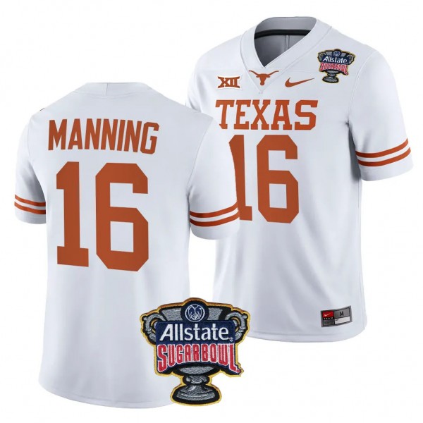 Texas Longhorns Arch Manning 2024 Sugar Bowl #16 White College Football Playoff Jersey Men's