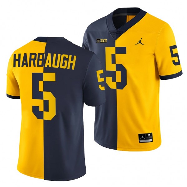 Michigan Wolverines Jim Harbaugh 5 Jersey Navy Maize Split Edition National award winner Uniform