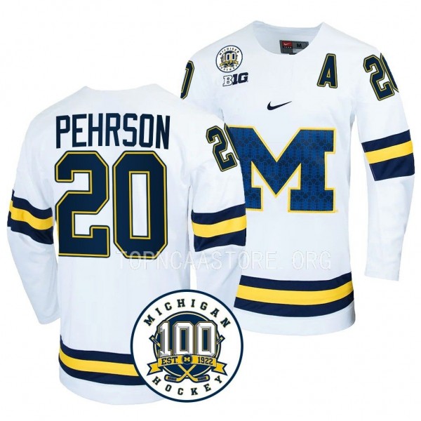 Keaton Pehrson Michigan Wolverines White 100th Anniversary Hockey Jersey