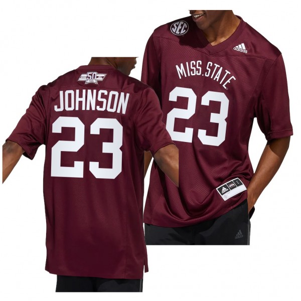 Dowsing x Bell 50 Year Mississippi State Bulldogs Dillon Johnson #23 Maroon Men's Football Premier Strategy Jersey