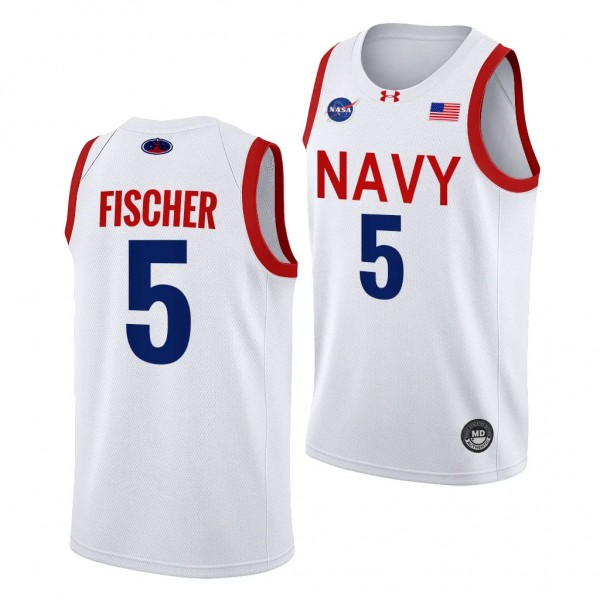 Navy Midshipmen Mitch Fischer NASA-Themed Basketball uniform White #5 Jersey 2023-24