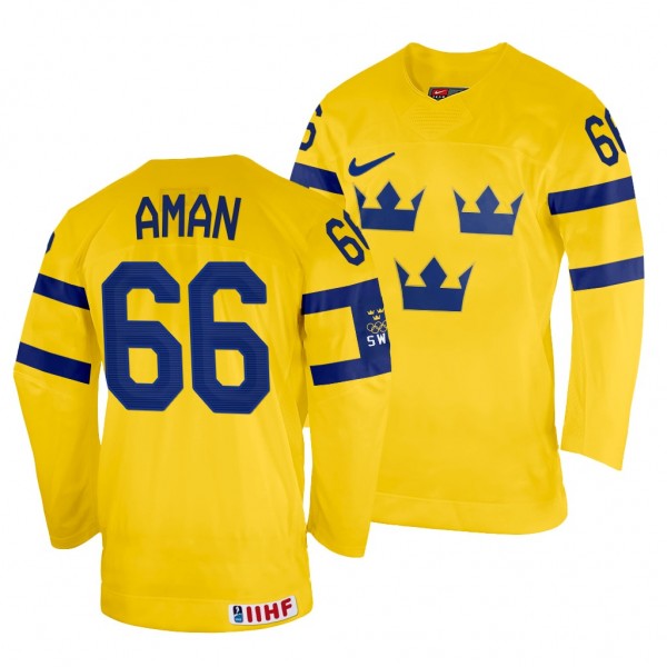 Sweden Hockey Nils Aman #66 Yellow Home Jersey 202...