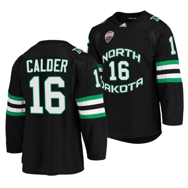 North Dakota Fighting Hawks 16 Ashton Calder Black College Hockey NCHC Jersey 2022