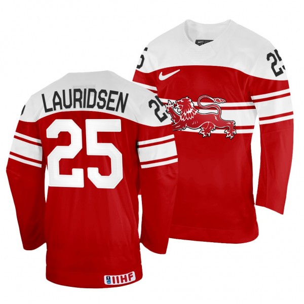 Denmark Hockey Oliver Lauridsen #25 Red Away Jerse...