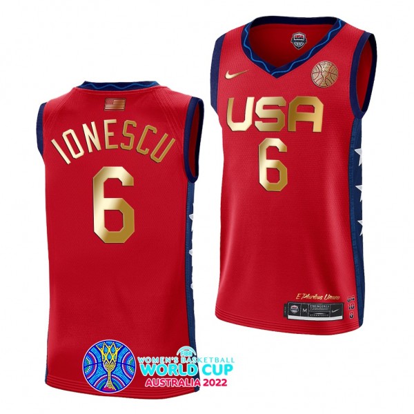 Sabrina Ionescu USA 2022 FIBA Womens Basketball World Cup Champions Red #6 Jersey Golden