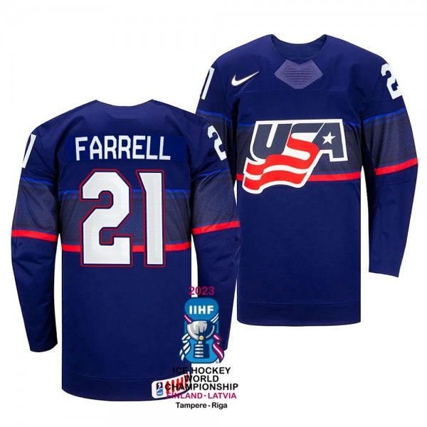 USA Hockey Sean Farrell #21 Blue Away Jersey 2023 IIHF World Championship