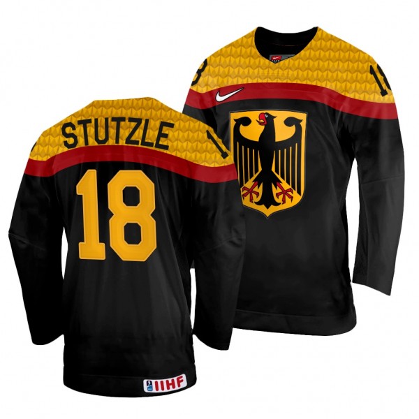 Germany Hockey Tim Stutzle #18 Black Away Jersey 2...