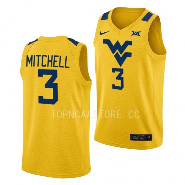 West Virginia Mountaineers Tre Mitchell Gold #3 Jersey 2022-23 Alternate Basketball
