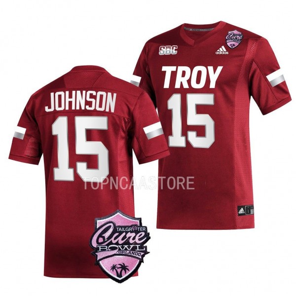 Tez Johnson Troy Trojans #15 Cardinal Jersey 2022 Sun Belt Championship Men's Football Uniform