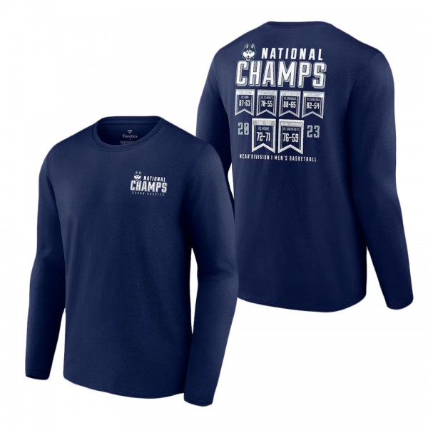 UConn Huskies 2023 NCAA Men's Basketball National Champions Schedule Long Sleeve T-Shirt Navy