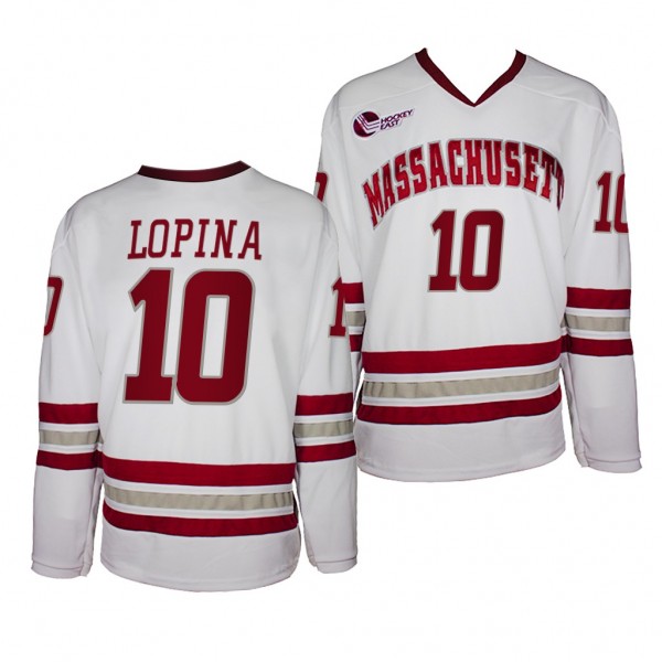 UMass Minutemen 10 Josh Lopina White College Hockey Alumni Player Jersey