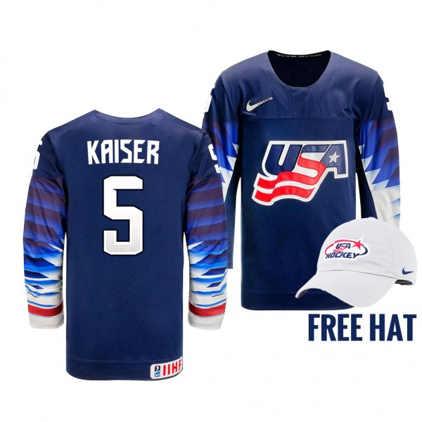 USA Hockey Wyatt Kaiser Blue 2022 IIHF World Junior Championship Free Hat Jersey